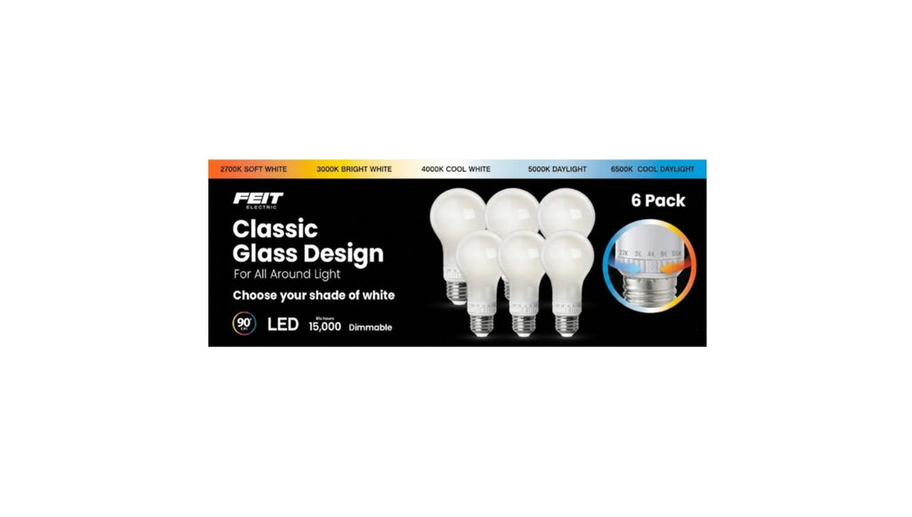 6 Pack Feit Electric Classic Glass Design 60W LED Bulbs – 800 Lumens, Choose Your Shade of White