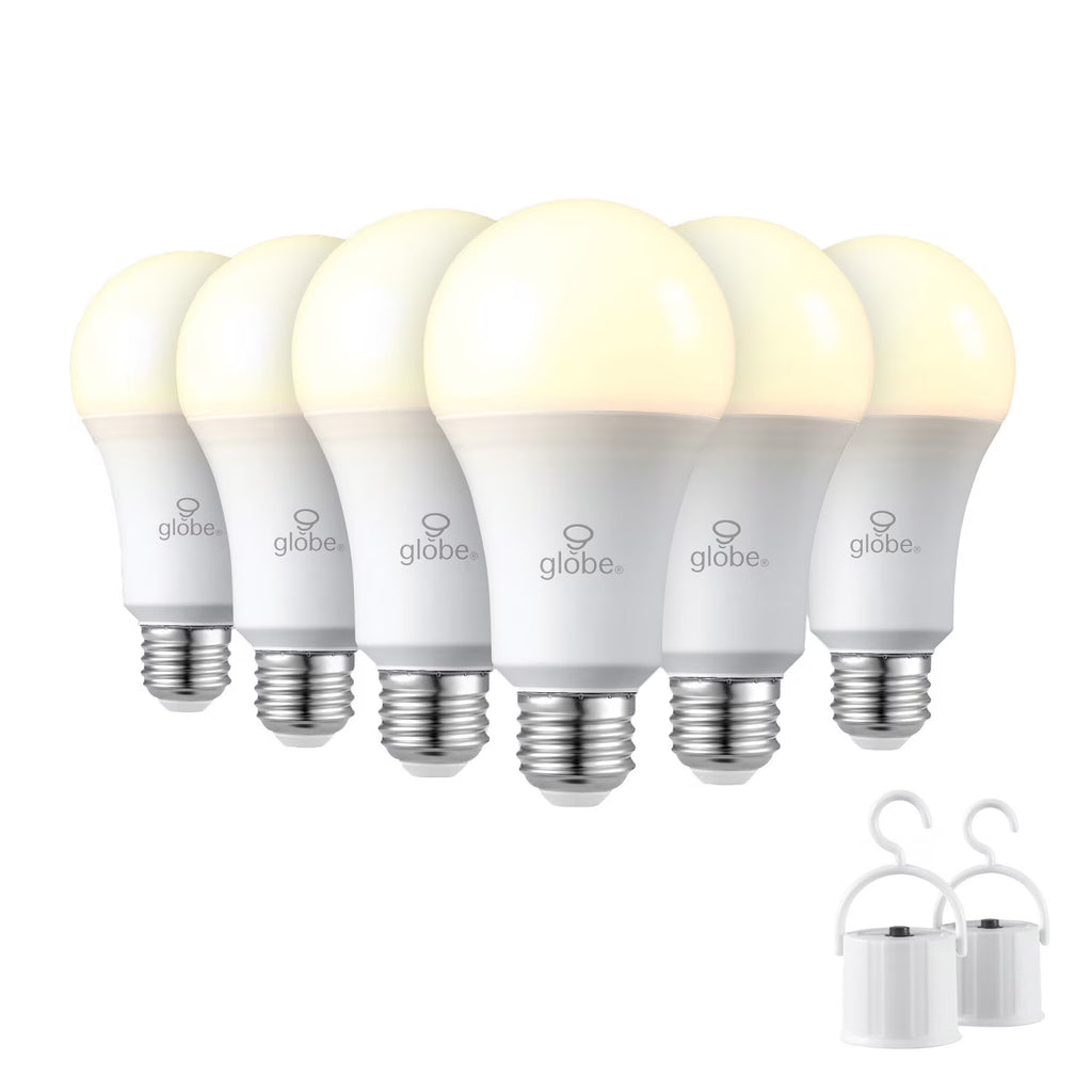 6 Pack Globe Power Reserve Battery Backup Bulbs + 2 Portable Sockets • Up to 10 HR Battery Life